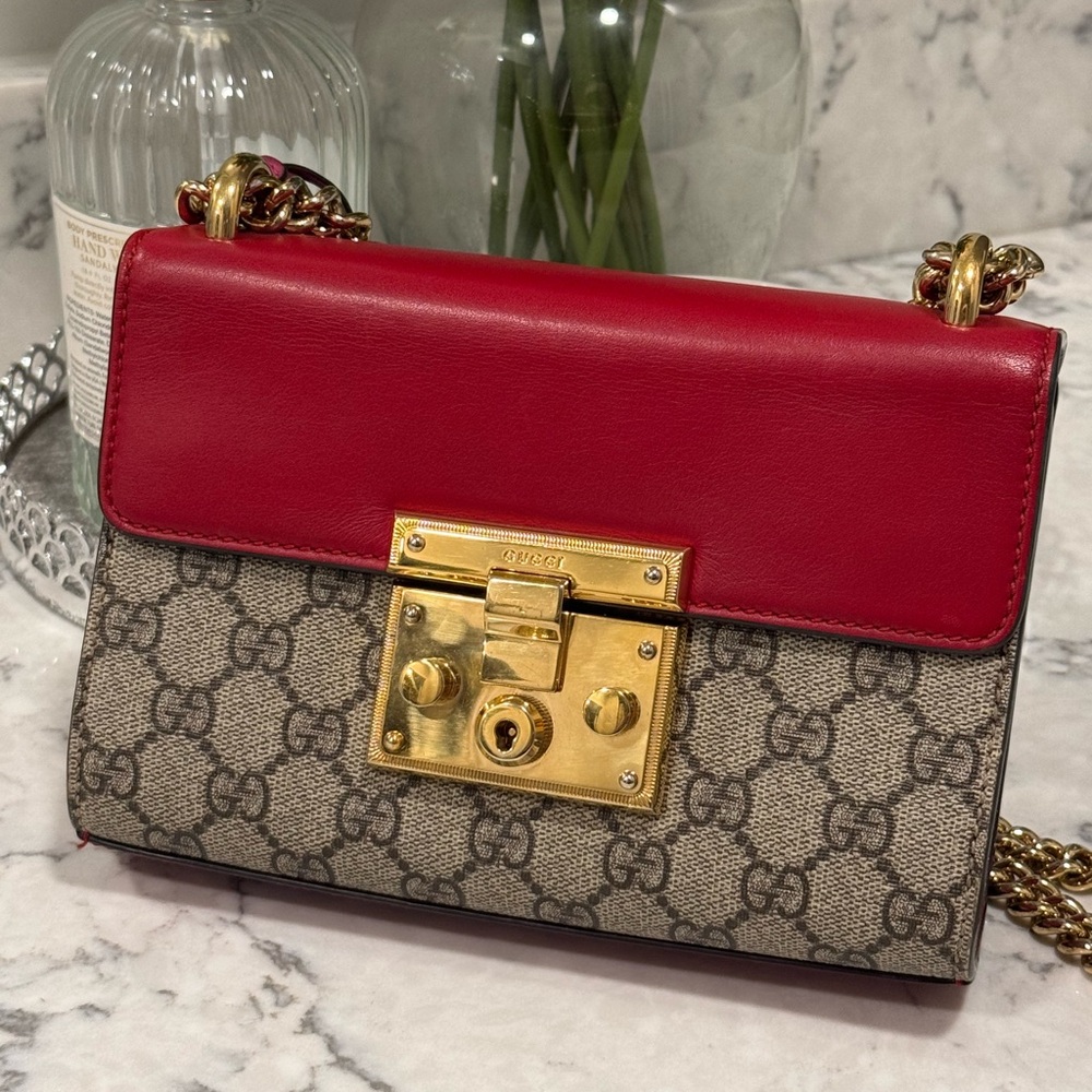 Gucci Red Leather & Beige GG Canvas Shoulder Bag with Gold Hardware